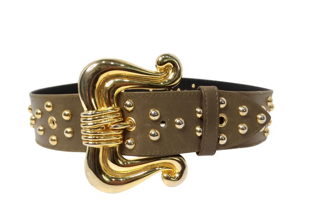 Escada Khaki Leather Gold-Tone Studded Statement Belt