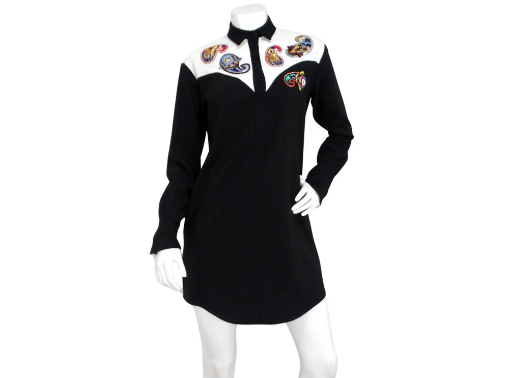 Vintage Retro Western Beaded Paisley Motif Button-Up Long-Sleeve Dress