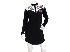 Vintage Retro Western Beaded Paisley Motif Button-Up Long-Sleeve Dress