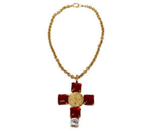 1993 Chanel Red Gripoix Gold Tone Cross Pendant Chain Link Necklace