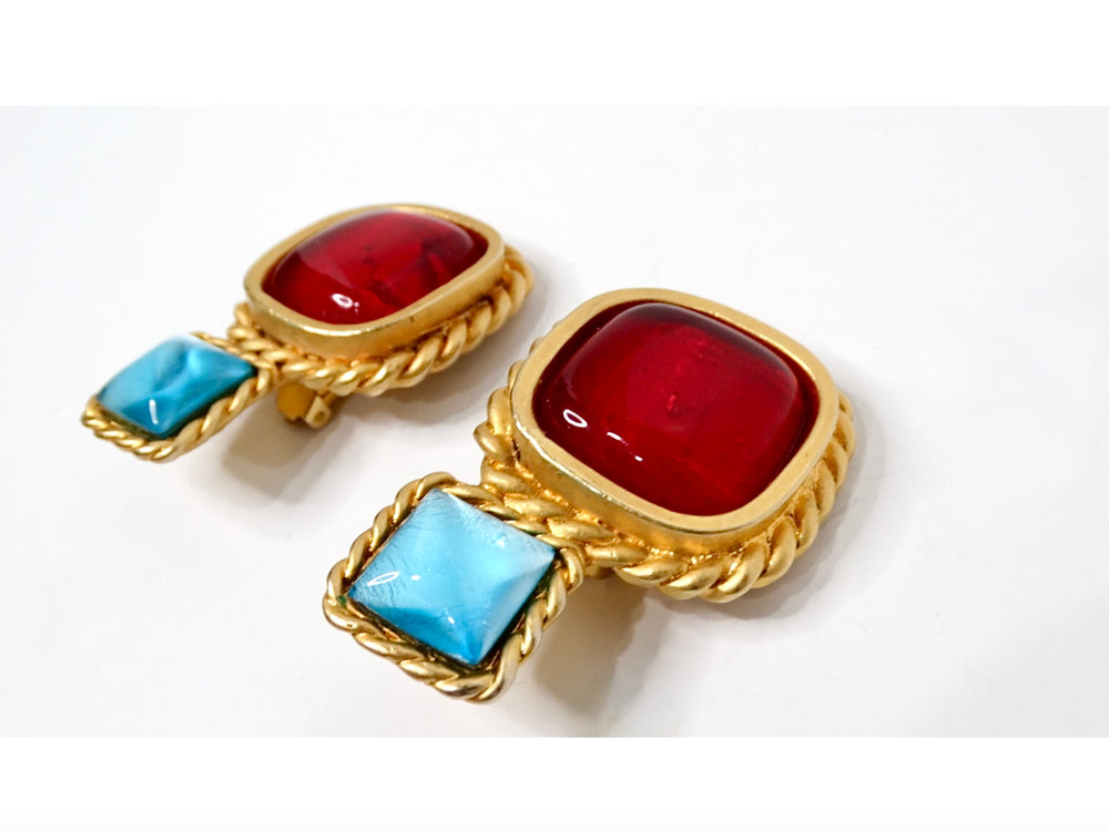 1991 Chanel Statement Red & Blue Cabochon Gold Tone Clip-On Earrings