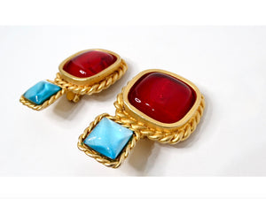 1991 Chanel Statement Red & Blue Cabochon Gold Tone Clip-On Earrings