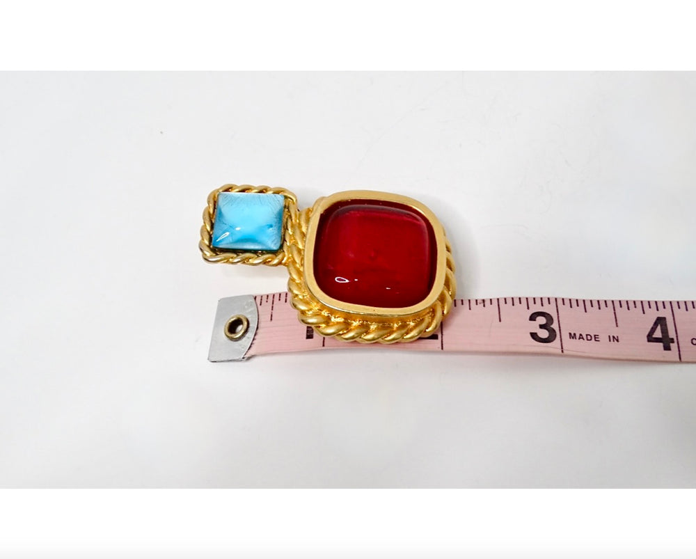 1991 Chanel Statement Red & Blue Cabochon Gold Tone Clip-On Earrings