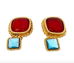 1991 Chanel Statement Red & Blue Cabochon Gold Tone Clip-On Earrings