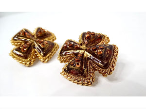 1980s Brown Resin Cross Motif Rhinestone Embellished Earrings