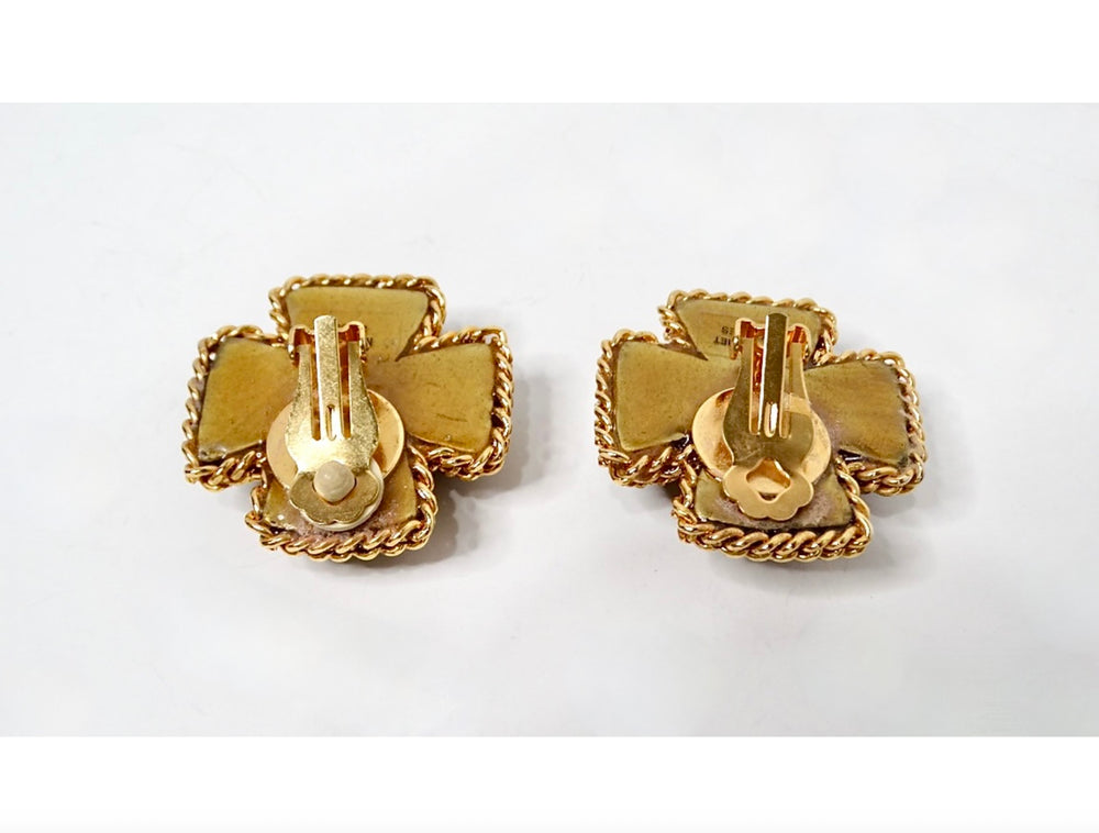 1980s Brown Resin Cross Motif Rhinestone Embellished Earrings