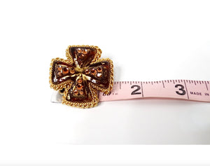 1980s Brown Resin Cross Motif Rhinestone Embellished Earrings