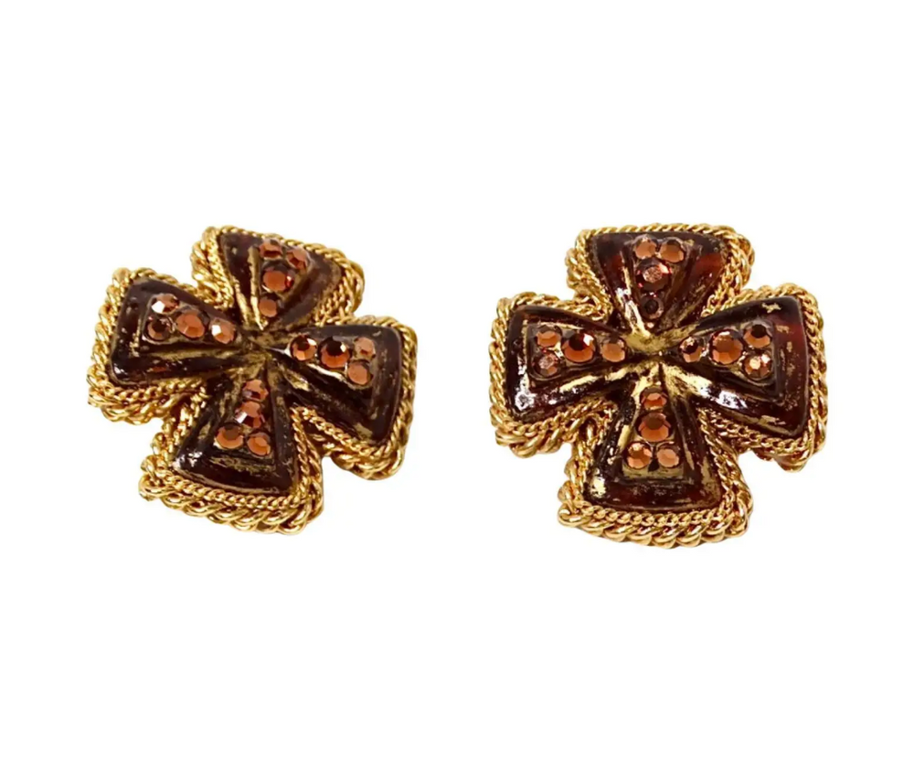 1980s Brown Resin Cross Motif Rhinestone Embellished Earrings