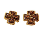 1980s Brown Resin Cross Motif Rhinestone Embellished Earrings