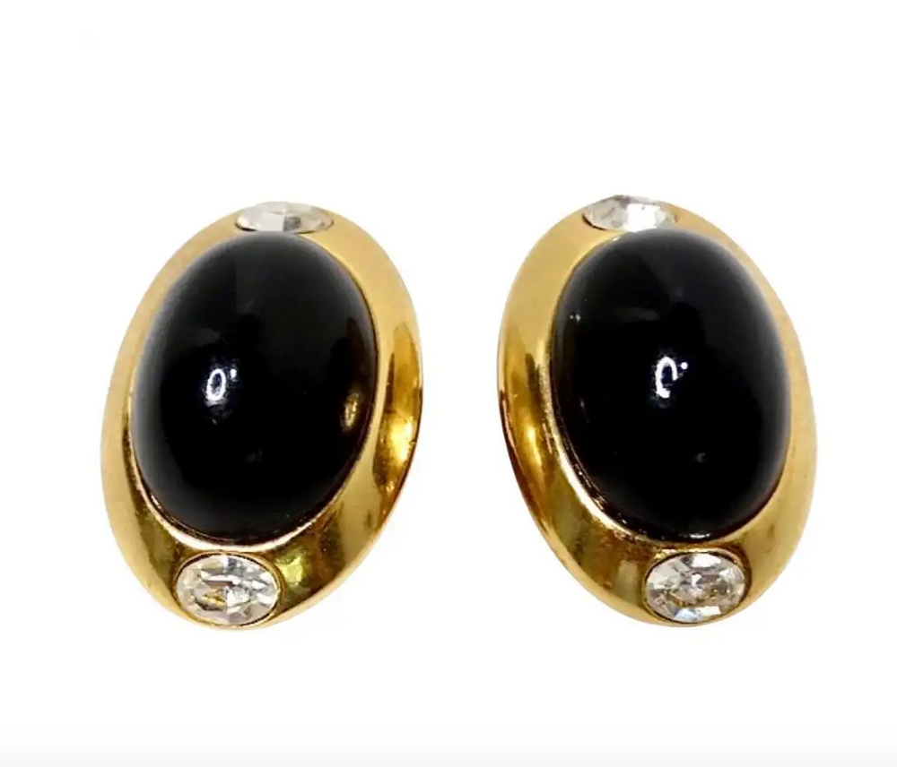 1980s Kenneth Jay Lane Black Cabochon Gold Tone Clip On Earrings