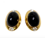1980s Kenneth Jay Lane Black Cabochon Gold Tone Clip On Earrings