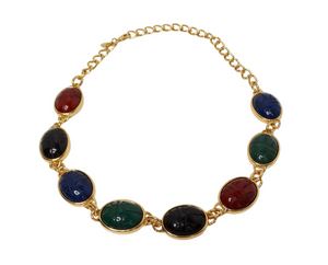 1970s Kenneth Jay Lane Multicolor Carved Scarab Gold Tone Necklace