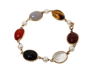 1970s Scarab Carved Multi-Gemstone & Pearl 12k Gold Filled Bracelet