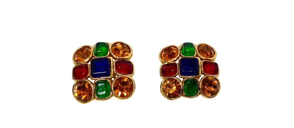 1980s Chanel Large Multicolor Gripoix Gold Tone Earrings