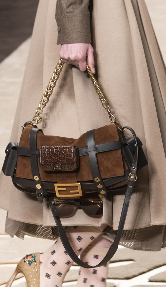 Fendi Brown Suede Leather Trimmed Cage Baguette Shoulder Bag circa 2019