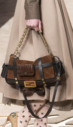 Fendi Brown Suede Leather Trimmed Cage Baguette Shoulder Bag circa 2019
