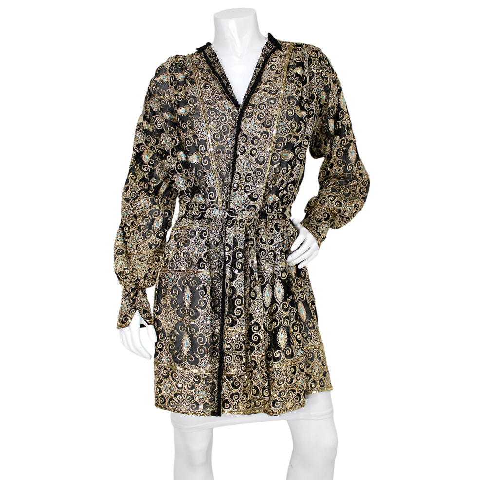 gold cardigan for dress Capriccio Black Silk & Gold-Tone Embroidered Sequin Belted ci – Vintage by Misty extra40