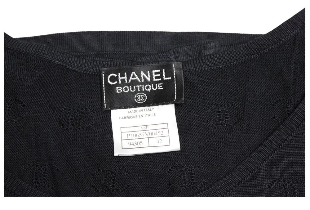 Chanel Black Boutique Monogram Pointelle Short Sleeve Silk Top