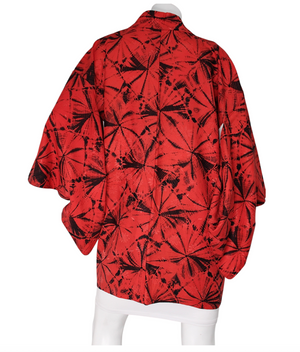 Traditional Japanese Crimson Red & Black Haori Vintage Kimono