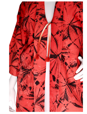 Traditional Japanese Crimson Red & Black Haori Vintage Kimono