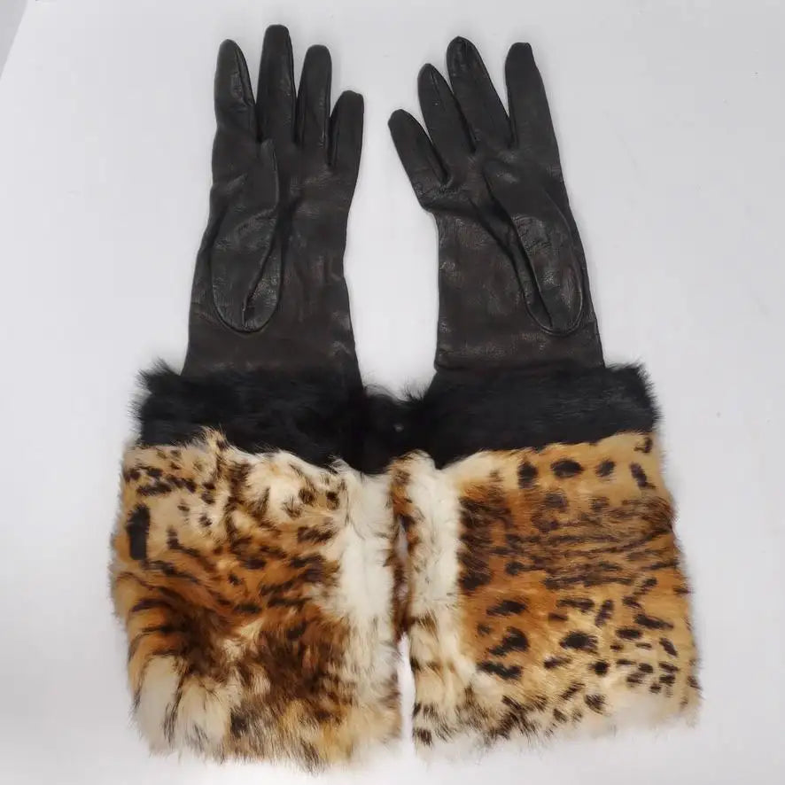 Neiman Marcus Black Leather Leopard Fur Gloves