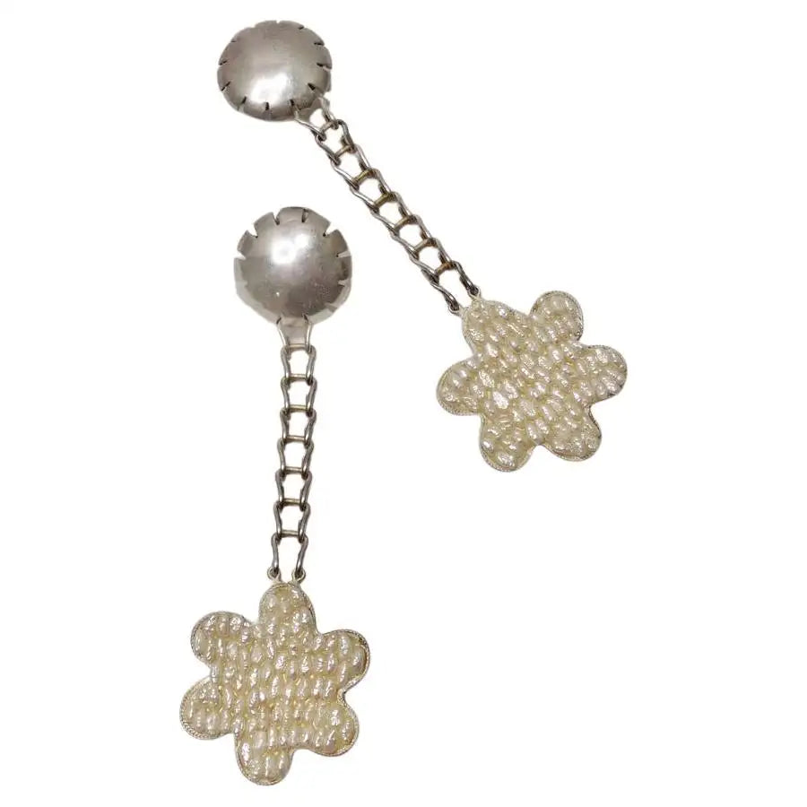 Laura Vogel Pearl Silver Flower Dangle Earrings