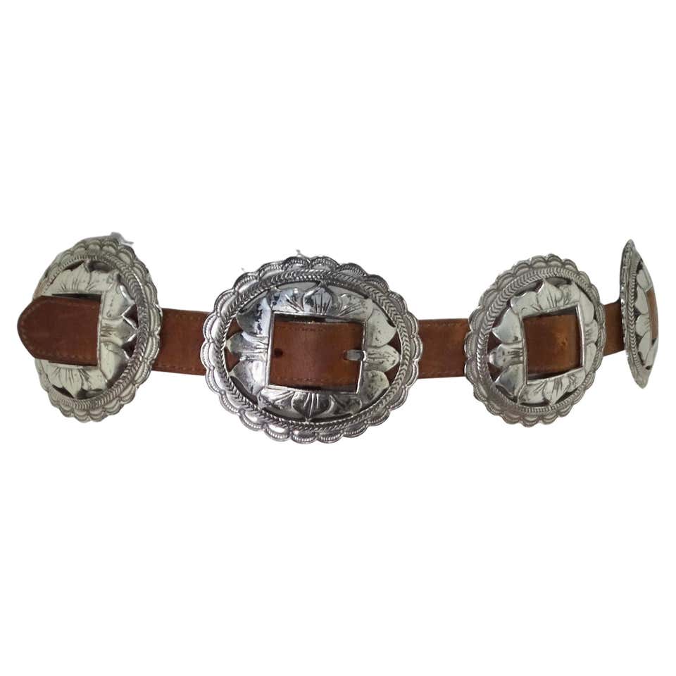 90s Soft Thick Brown Leather Adjustable Fashion Belt Silver Double