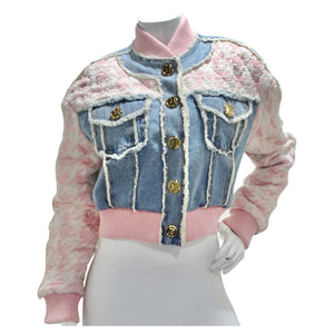 Balmain Pink Tweed Denim Bomber Jacket