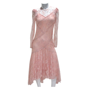 1980s Pink Lace Layered Slip & Long Sleeve Dress