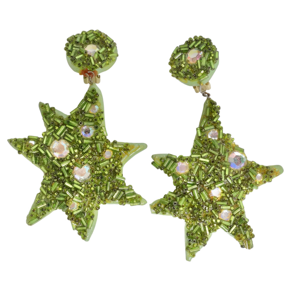 1980s Green Swarovski Crystal Embellished Star Clip On Earrings