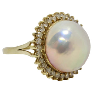 1960s Pearl Diamond 14K Cocktail Gold Ring