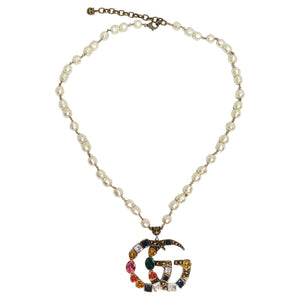Gucci Multicolor Crystal Faux Pearl Logo Pendent Necklace