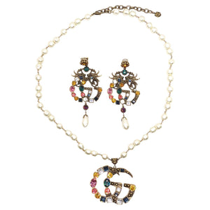 Gucci Multicolor Crystal Faux Pearl Logo Necklace & Earrings Set
