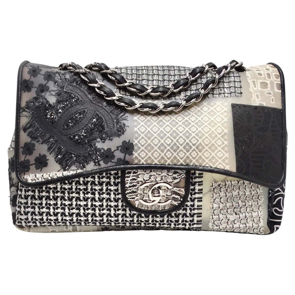 Pre-owned Chanel Medium Single Flap Black and White Tweed With Crystals  Silver Hardware