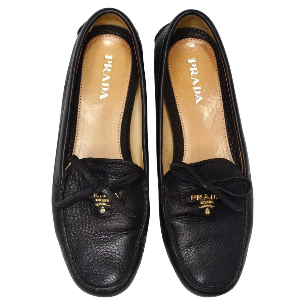 Prada Black Leather Bow Accent Slip On Loafers – Vintage by Misty