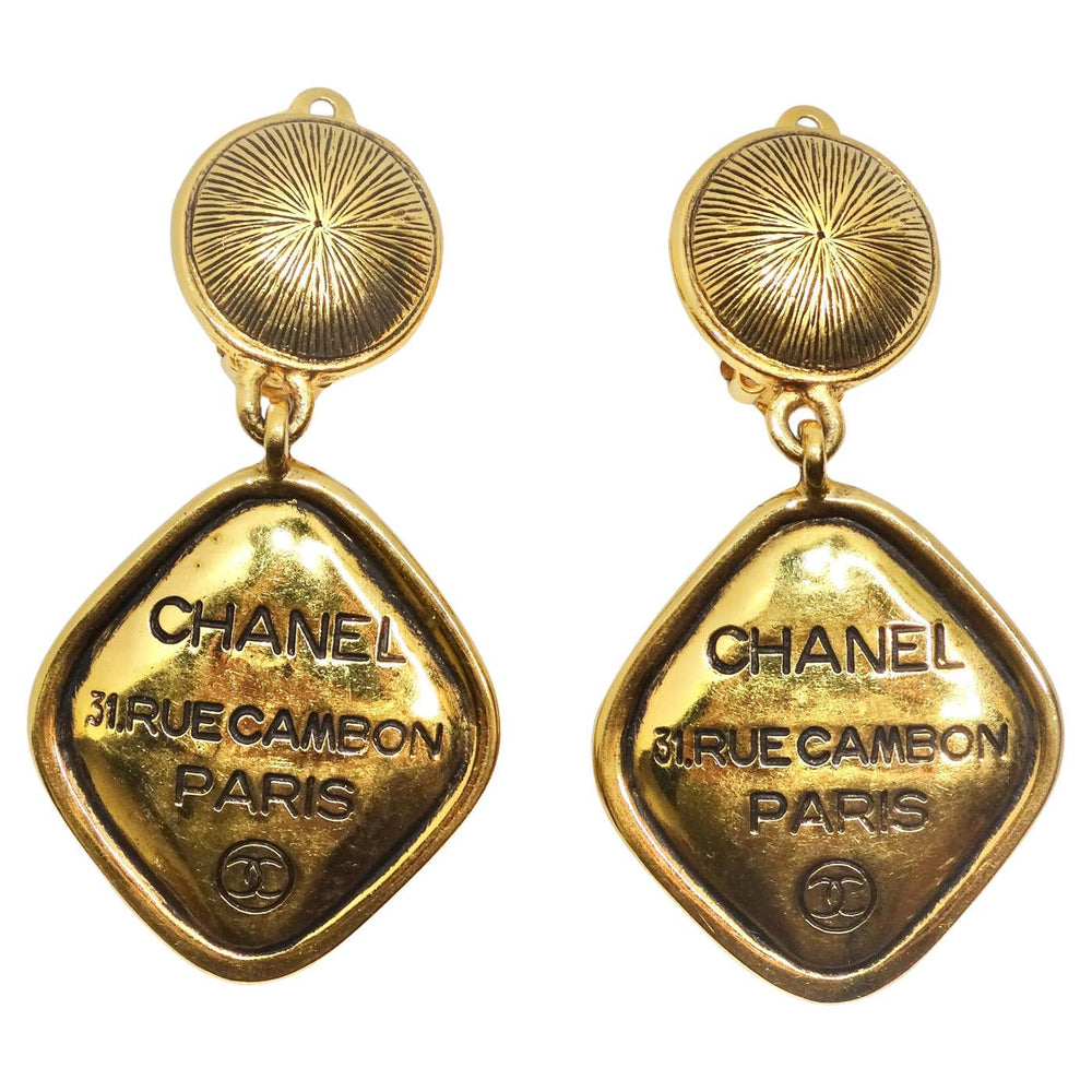 Chanel 31 Rue Cambon CC Gold Tone Clip On Drop Earrings