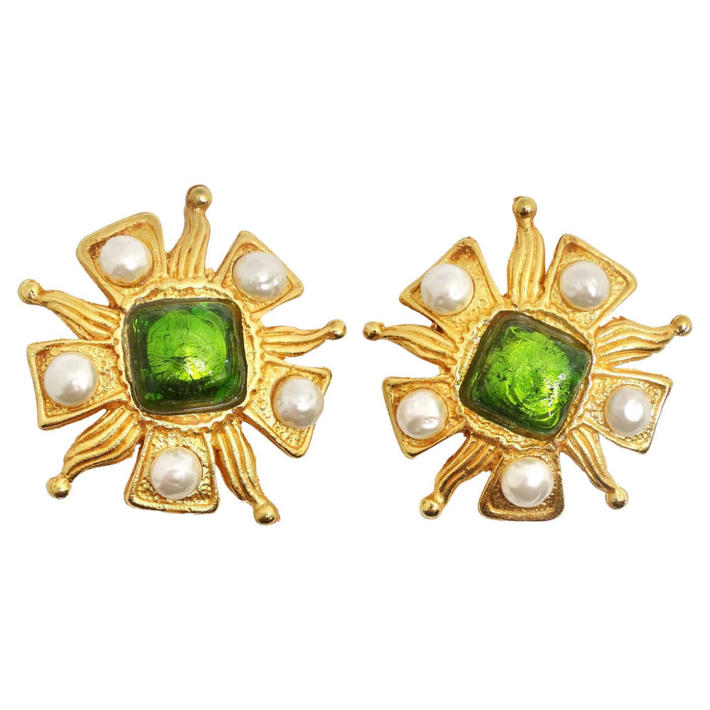 Dominque Aurientis Paris 1980s Gold Plated Green Stone Flower Clip On Earrings