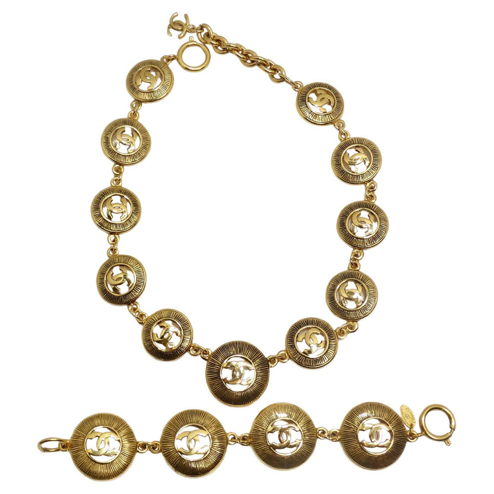 Chanel 1980s Logo Medallion Charm Necklace and Bracelet Set