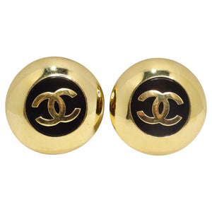 Chanel 1980s Jumbo Gold Plated Black CC Logo Clip On Earrings