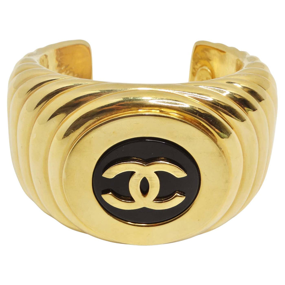 Chanel 1980s CC Logo Ribbed Gold Tone Cuff Bracelet