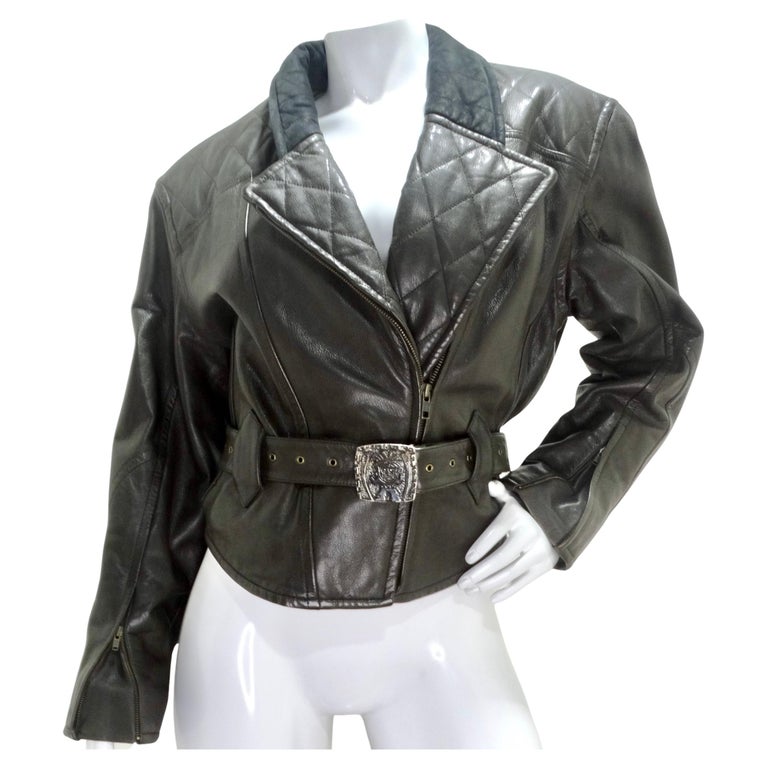 Robert Comstock 1980s Grey Belted Leather Moto Jacket