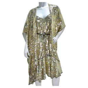 1980s Capriccio Gold Sequin Embellished Dress, Shawl & Belt Set