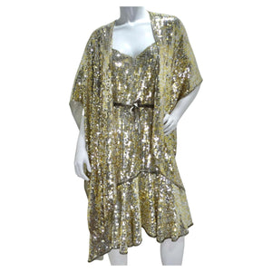 1980s Capriccio Gold Sequin Embellished Dress, Shawl & Belt Set 1980s Capriccio Gold Sequin Embellished Dress, Shawl & Belt Set