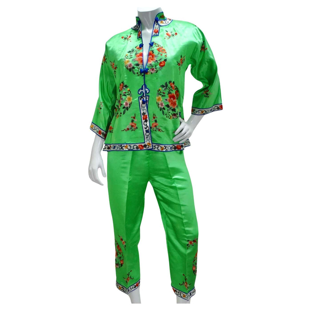 1970s Bright Green Satin Chinese Pajamas