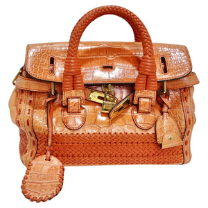 Gucci Rare Orange Crocodile Leather Woven Top Handle Bag