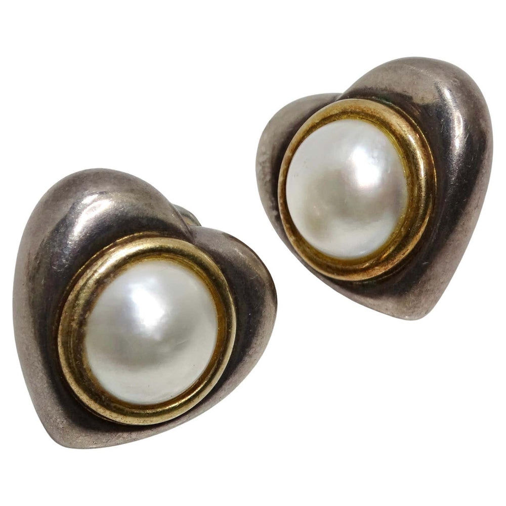 18K Gold Silver Pearl 1960s Heart Earrings