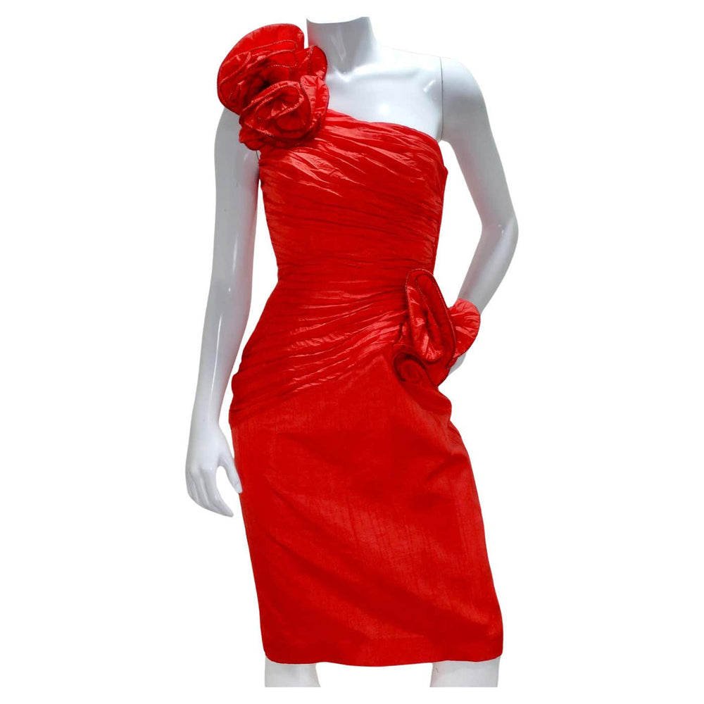 BB Collections 1980s Red Asymmetric Rose Motif Dress