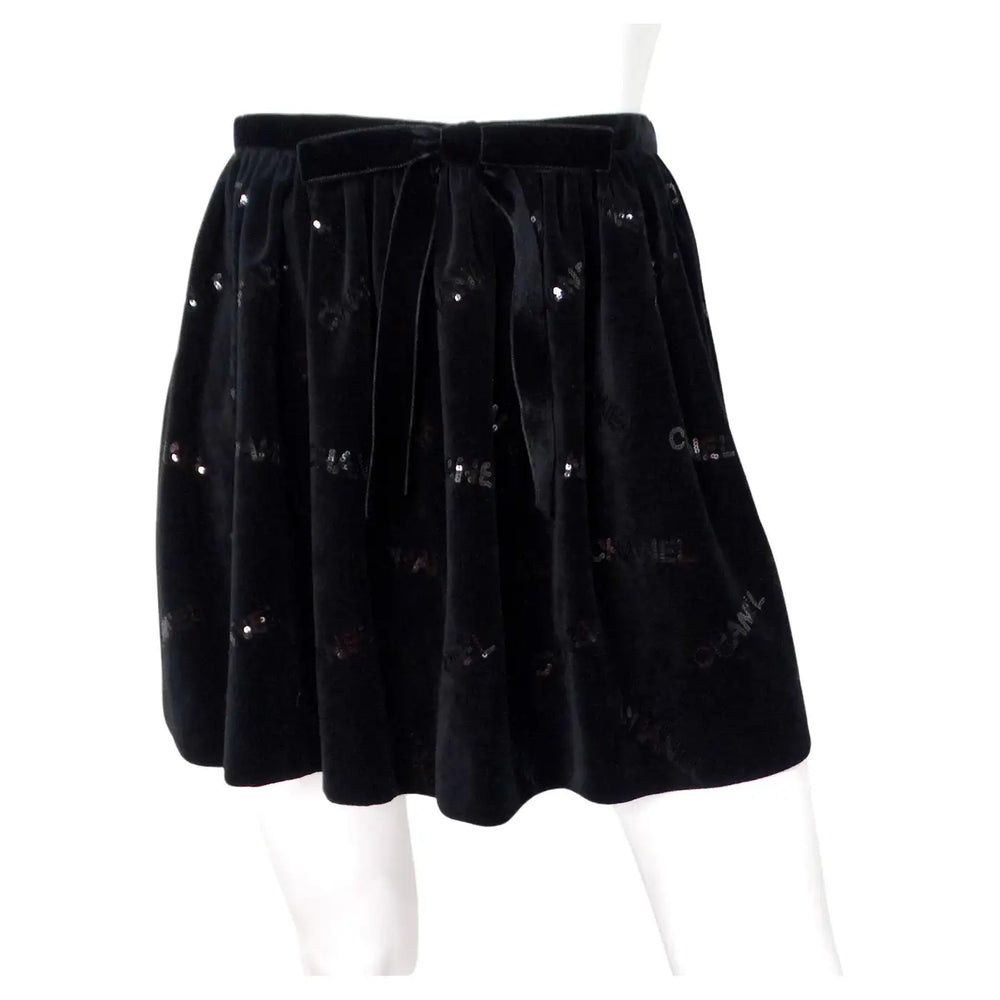 Chanel Black Velvet Sequin Logo Mini Skirt 2022