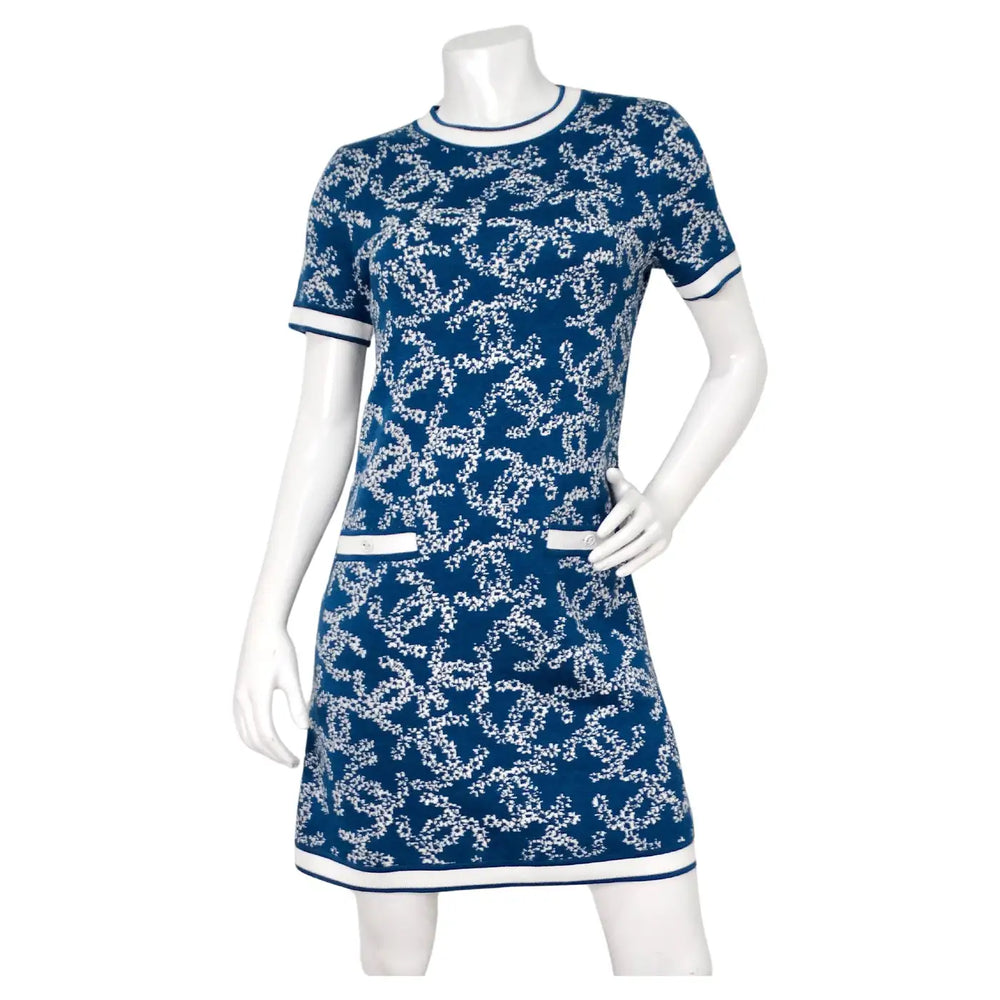 Chanel Blue & White Interlocking CC Logo Knit Dress With Pockets