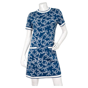 Chanel Blue & White Interlocking CC Logo Knit Dress With Pockets Chanel Blue & White Interlocking CC Logo Knit Dress With Pockets